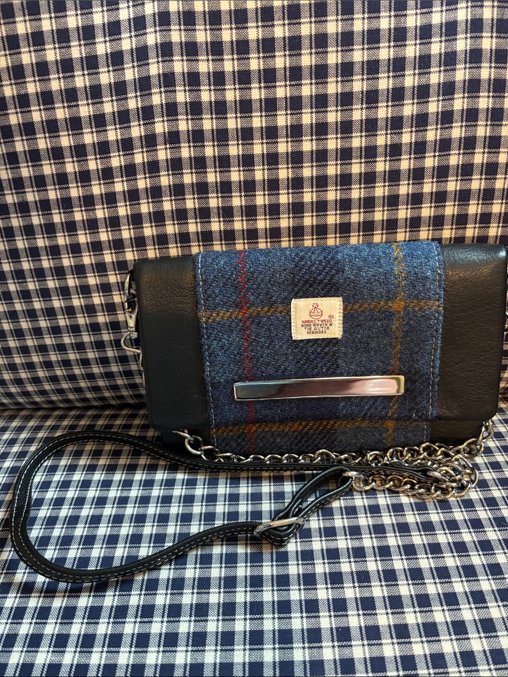 Harris tweed Blue Plaid Leather-Trim crossbody Bag with Chain Strap